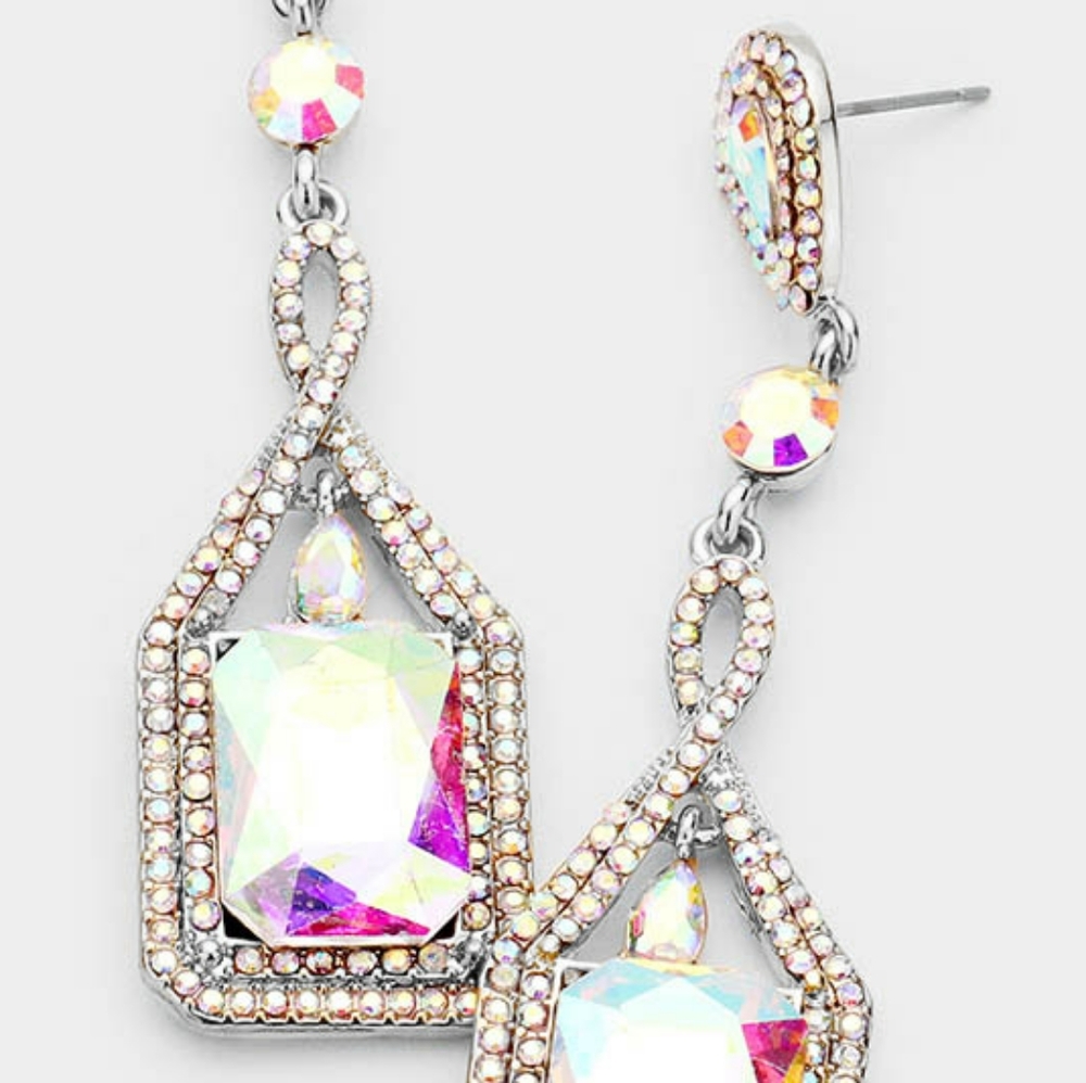 Silver Abalone Crystal Rectangle Dangle Earrings - Picture 2 of 2